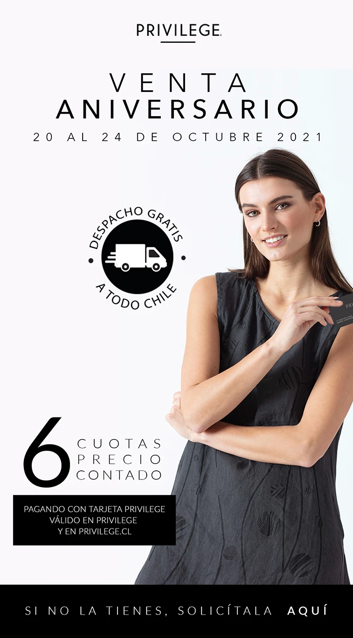 campana-venta-aniversario-privilege Campaña de Venta Aniversario Privilege 2021, mujer sosteniendo tarjeta Privilege, promoción 6 cuotas precio contado y despacho gratis a todo Chile.